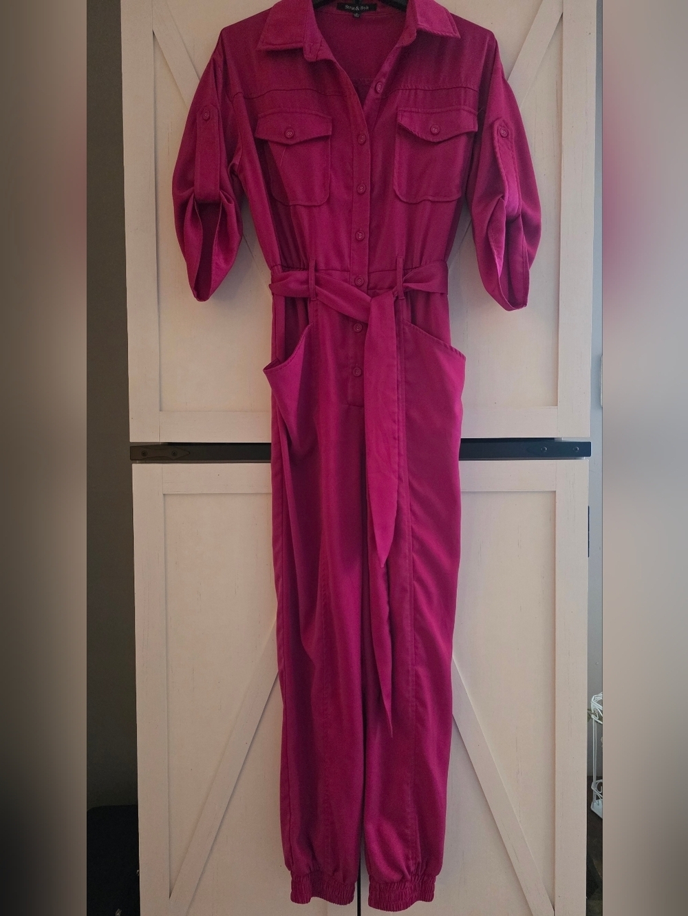 Button-Front Magenta Utility Jumpsuit with Tie Waist - Picture 1 of 7